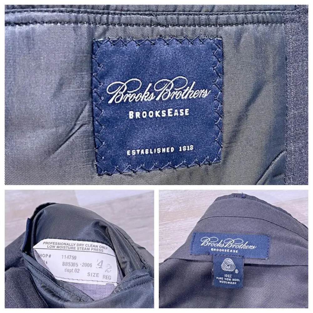 Brooks Brothers Brooksease Wool Suit Gray Stripe Mens 42R Pleated Pants 33W